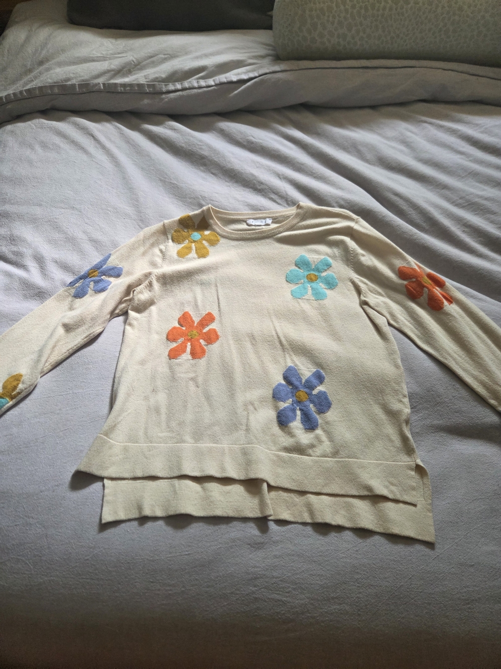 THML Cream Crewneck Sweater with Colorful Floral Appliqués
